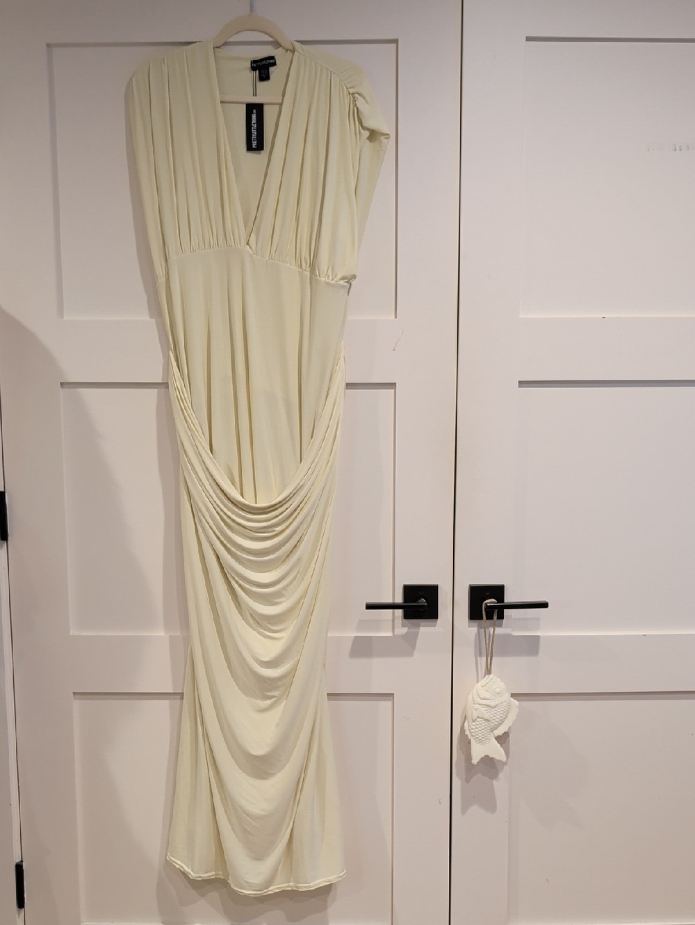 Pretty Little Things Ivory Draped V‑Neck Maxi Gown